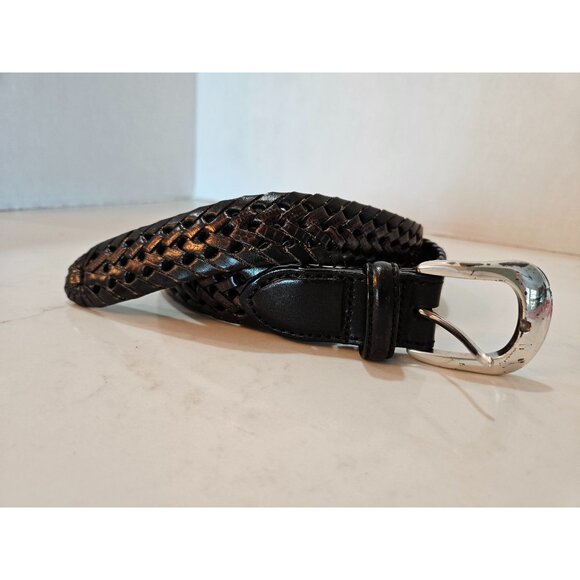 Brighton Berma Mens Sz 36 Black Hand Woven Leather Belt With Silver-Tone Buckle - Picture 2 of 8